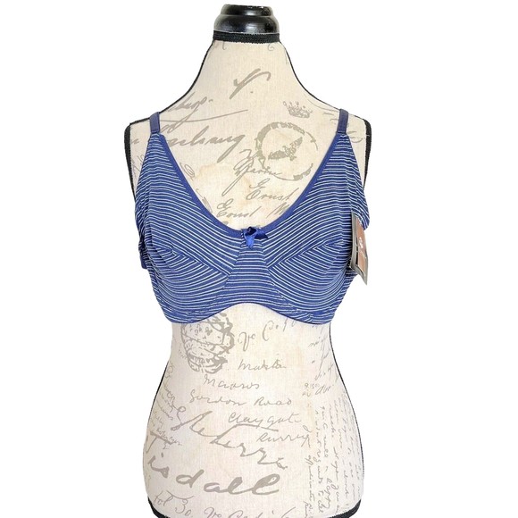 Dereon Womens Bra 52D Blue White Pin Striped Bow  Underwire Unpadded Beyonce NWT - Picture 1 of 12